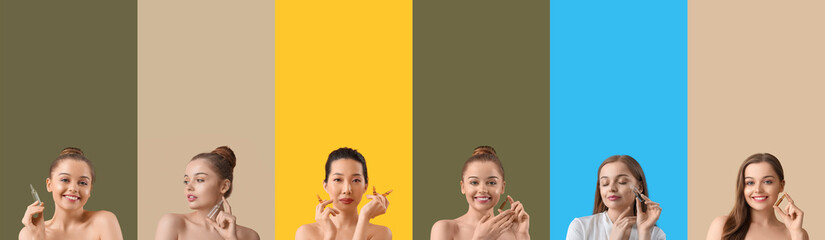 Set of young women with ampule of natural cosmetics on color background