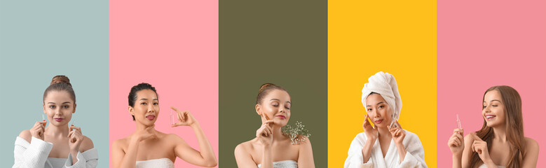 Collection of young women with ampule of natural cosmetics on color background