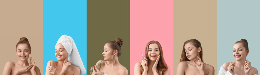 Collage of young woman with ampule of natural cosmetics on color background