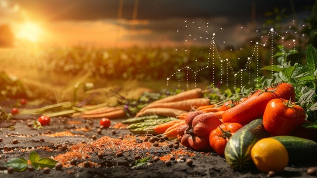 Sunset-lit veggies in a farm garden setting - A captivating image of fresh vegetables bathed in sunset light on a farm, symbolizing growth and sustainability