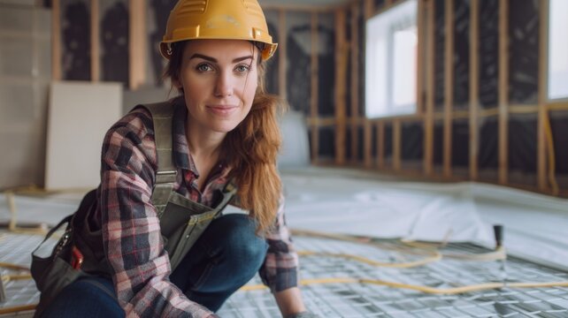 Female construction worker on site - A confident woman construction worker with a helmet posing inside a building under construction