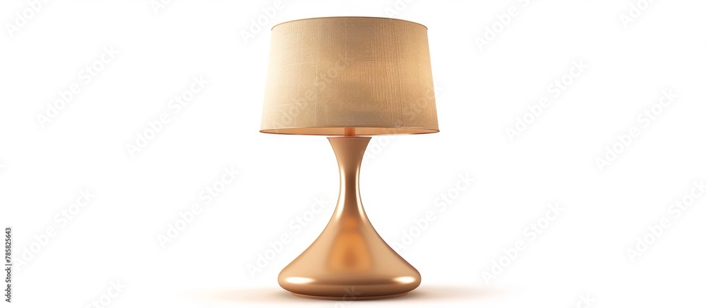 Poster the image showcases a close-up of a lamp with a beige shade placed on a smooth white surface, emitti