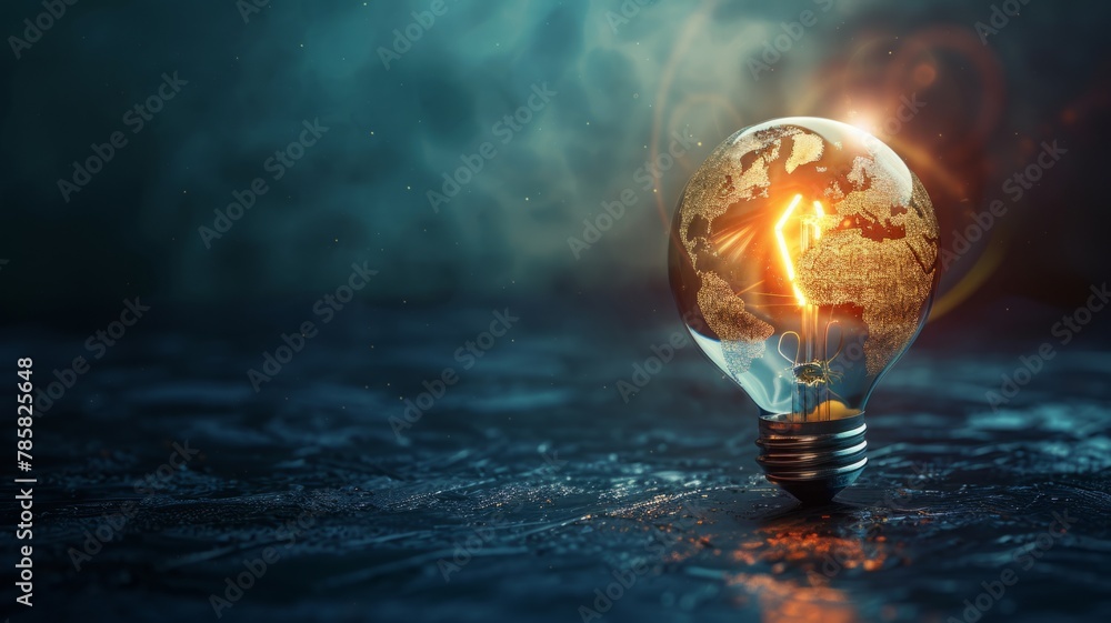Poster glowing light bulb with world map on dark - a luminous light bulb with glowing world map signifies g