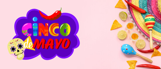 Shots of tequila and sombrero hat on pink background