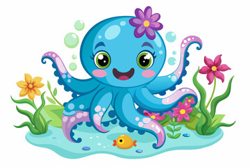 Charming octopus cartoon animal adorned with flowers