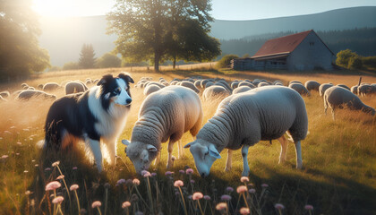 Border collie dog herding sheep - obrazy, fototapety, plakaty