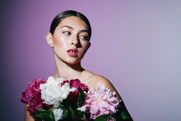 woman cosmetic flower pink make-up girl beauty portrait model face blush - obrazy, fototapety, plakaty