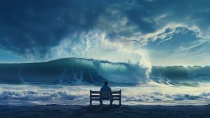 Gigantic wave overshadowing bench on beach - A powerful and overwhelming wave looms over a lonely bench on a sandy beach, symbolizing the might of nature against human constructs - obrazy, fototapety, plakaty