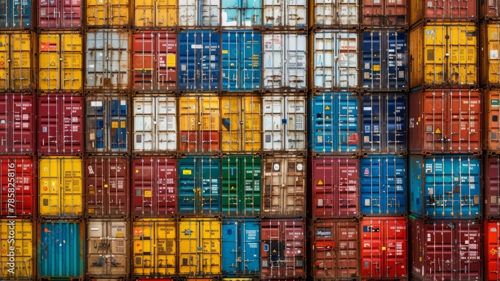 Poster stacked colorful shipping containers - a vibrant display of stacked shipping containers in various c