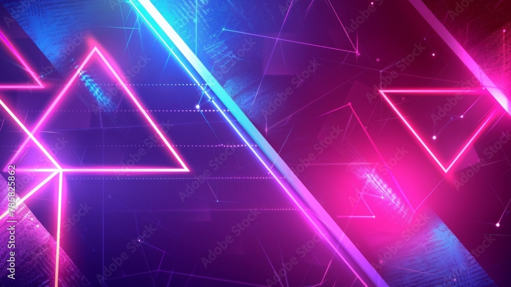 Aufkleber glowing neon triangles and lines on dark - abstract glowing neon triangles and interconnected lines 