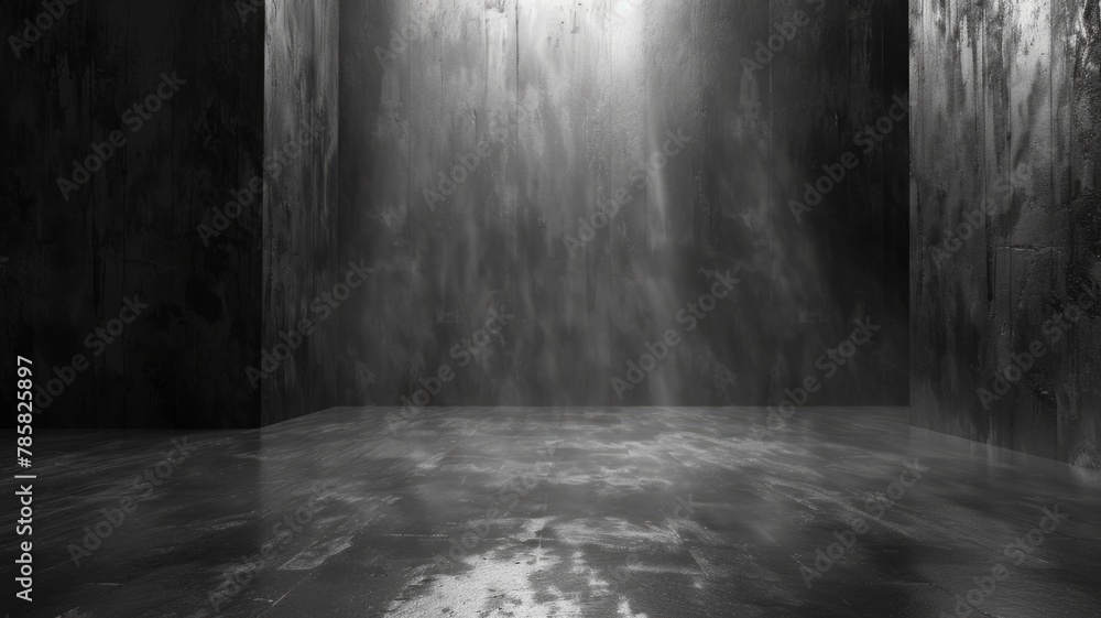 Poster dark room with dramatic light from above - an empty dark room illuminated by a single dramatic beam 