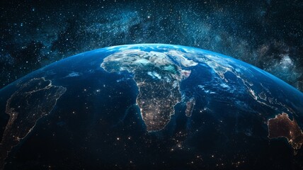 Obraz premium Earth viewed from space showing city lights - A stunning view of Earth from space highlighting continents with city lights indicating populated areas at night