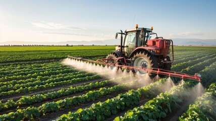 Fototapeta premium Tractor spraying pesticides on vegetable field - A tractor spraying pesticides over a lush green vegetable field, with a focus on modern agriculture
