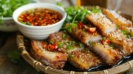 Fried pork belly with fish sauce and spicy dip