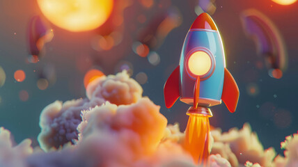 Space rocket in a whimsical setting - A vibrantly colored space rocket with a dreamlike backdrop creates a feel of wonder and imaginative space exploration - obrazy, fototapety, plakaty