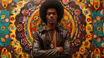 In this dynamic image a Black man stands tall against a vibrant backdrop of bold patterns and colors. His afro is expertly styled and his leather jacket exudes a sense of rebellion .