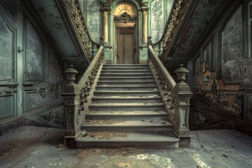 Fototapeta premium Eerie abandoned mansion staircase in decay - An atmospheric shot capturing the grand, albeit worn, staircase of a once-opulent mansion, evoking a sense of nostalgia and mystery