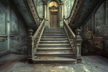 Eerie abandoned mansion staircase in decay - An atmospheric shot capturing the grand, albeit worn, staircase of a once-opulent mansion, evoking a sense of nostalgia and mystery