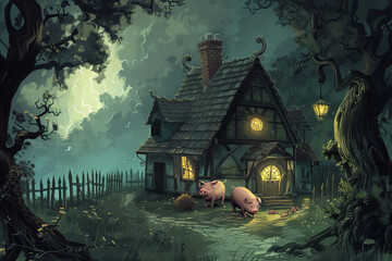 A digital painting of a cottage in the woods. The cottage is old and rundown, with a thatched roof and crooked walls. The door is open, and a light is shining from inside. There are two pigs - obrazy, fototapety, plakaty