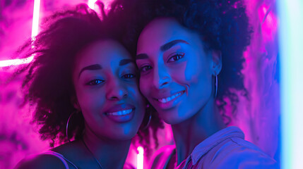 diverse lesbian couple in neon-lit selfie.