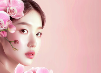 A beautiful Korean woman with flawless skin and elegant makeup, surrounded by delicate pink orchids on her head, posing for an advertising campaign in beauty products against a soft pastel background