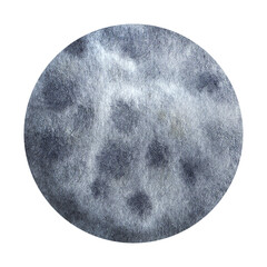Full gray moon with craters at night. Dark satellite sphere moonlight. Planet, midnight luna landscape. Astronomy space, Halloween attribute. Hand drawn watercolor illustration isolated background.