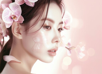 Obraz na płótnie Canvas A beautiful Korean woman with flawless skin and elegant makeup, surrounded by delicate pink orchids on her head, posing for an advertising campaign in beauty products against a soft pastel background
