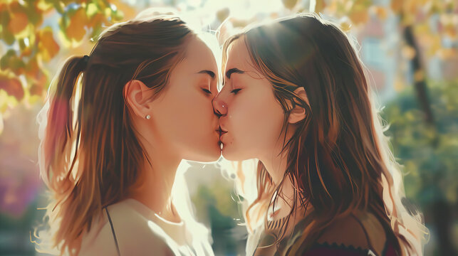 Teen women kissing portrait at park , close up.