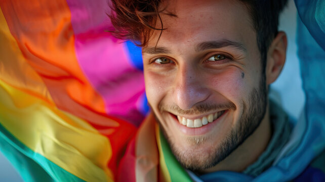 Portrait of happy smiling young man wrapped in a pride rainbow flag. LGBTQ community, freedom, solidarity and equal rights, close up