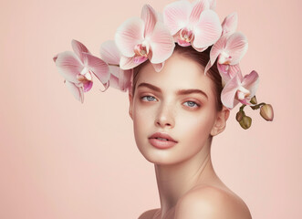 A beautiful woman with flawless skin and elegant makeup, surrounded by delicate pink orchids on her head, posing for an advertising campaign in beauty products against a soft pastel background