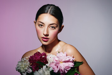 woman portrait make-up girl model art face pink beauty flower blush