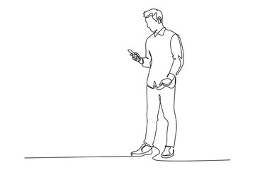 Continuous one line drawing People holding, using mobile phones concept. Doodle vector illustration.