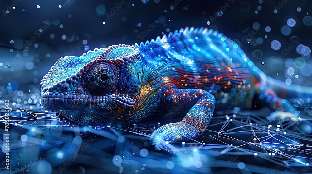Wall mural digital chameleon in neon colors. big data visualization. information aesthetic design. animal learn