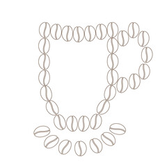Contour coffee cup with saucer of outline drawing coffee beans Coffee Day Logo Sticker Icon concept