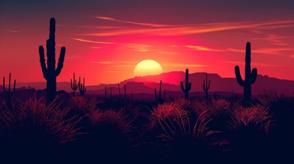 Minimalist silhouette of desert plants against a fiery sunset.