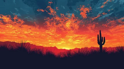 Fotobehang Minimalist silhouette of desert plants against a fiery sunset. © taelefoto