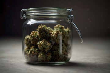 Cannabis buds in a jar, weed advertising
 - obrazy, fototapety, plakaty