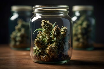 Cannabis buds in a jar, weed advertising
 - obrazy, fototapety, plakaty