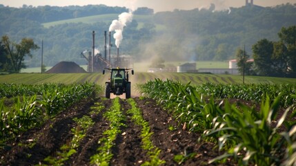 A farmer drives a tractor through a field of corn representing the potential for using crops as a source of renewable biofuel. In the distance a coal mine operates releasing pollutants . - obrazy, fototapety, plakaty