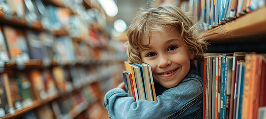 Excited child choosing the best books and school supplies for the new school year at the bookstore. - obrazy, fototapety, plakaty