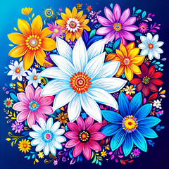 Fototapeta na wymiar A vibrant and colorful illustration of various flowers, including daisies and tulips, arranged in a circular pattern against a dark blue background.