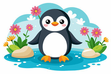 Obraz premium Charming penguins in cartoon style adorned with vibrant flowers.