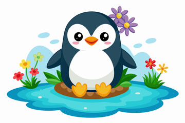 Naklejka premium Charming cartoon penguins adorned with vibrant flowers