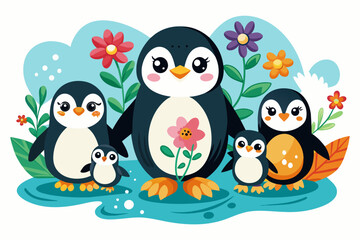 Naklejka premium Charming cartoon penguins adorned with colorful flowers.