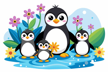 Charming cartoon penguins adorned with colorful flowers.