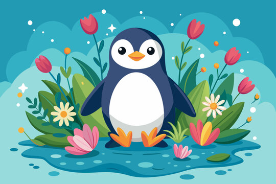 A charming penguin wears a crown of colorful flowers, standing proudly against a white background.