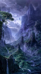 Fantasy blue green lush magical landscape with cliffs and waterfalls, majestic serene environment, otherworldly scenery