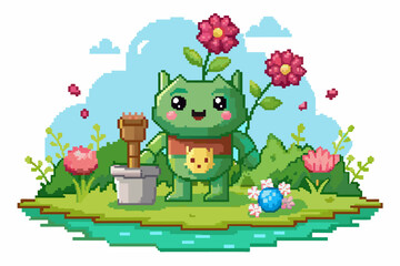 Obraz na płótnie Canvas Pixelated cartoon of a charming character adorned with flowers, standing gracefully on a pure white background.