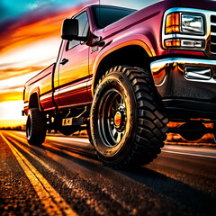 A red pickup truck parked on the side of a road during sunset, with the vehicle's front facing the camera and its large tires prominently visible. - obrazy, fototapety, plakaty