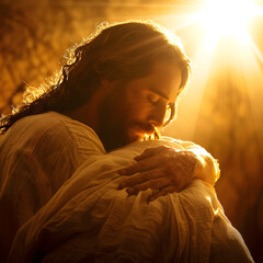Jesus Christ holding a baby with heavenly light shining 